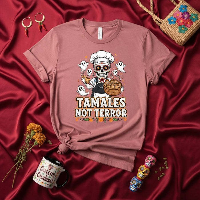 Tamales Not Terror Day of the Dead Sugar Skull Chef T-Shirt with Ghosts and Tamales Basket, Funny Halloween Cooking and Mexican Food Lover Unisex Shirt, Dia de Muertos Apparel