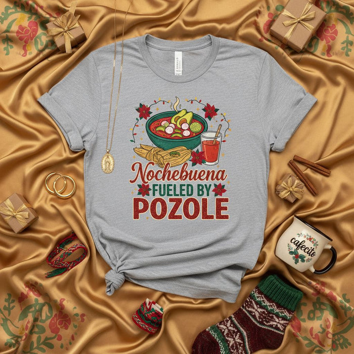 Nochebuena Fueled by Pozole Christmas T-Shirt - Festive Mexican Food Holiday Tee with Tamales and Caldo for Xmas Eve Celebration, Unisex Gray Shirt Gift