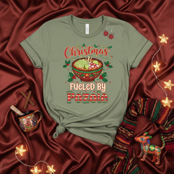 Christmas Fueled By Pozole Shirt, Funny Mexican Food Christmas T-Shirt, Pozole Lover Holiday Tee, Men's Women's Unisex Hispanic Xmas Gift Apparel