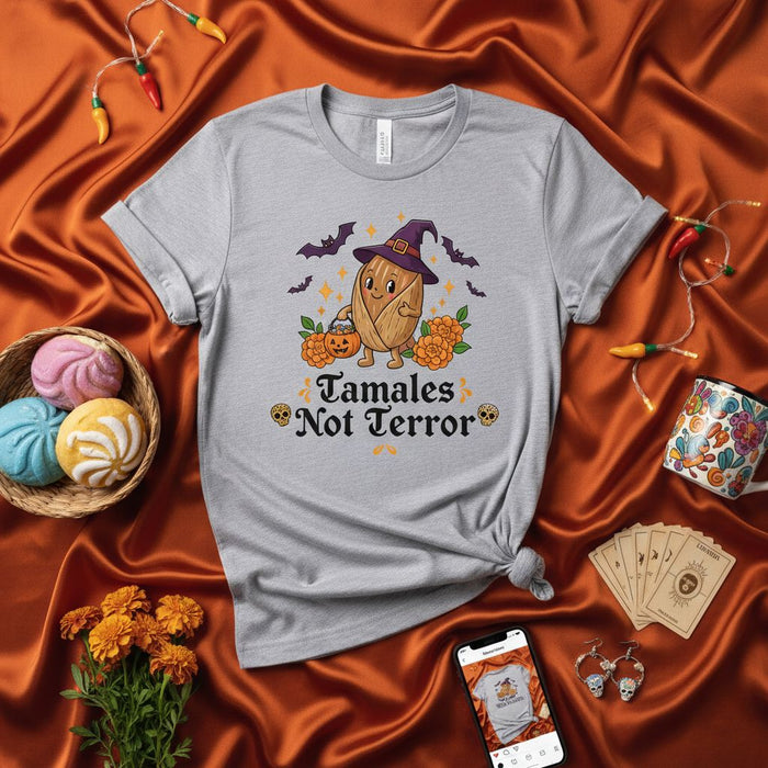 Tamales Not Terror Halloween Shirt, Funny Spooky Tamale Witch Hat Bats Pumpkin Marigold Flowers Skull Unisex T-shirt, Fall Mexican Food Pun Costume Tee.