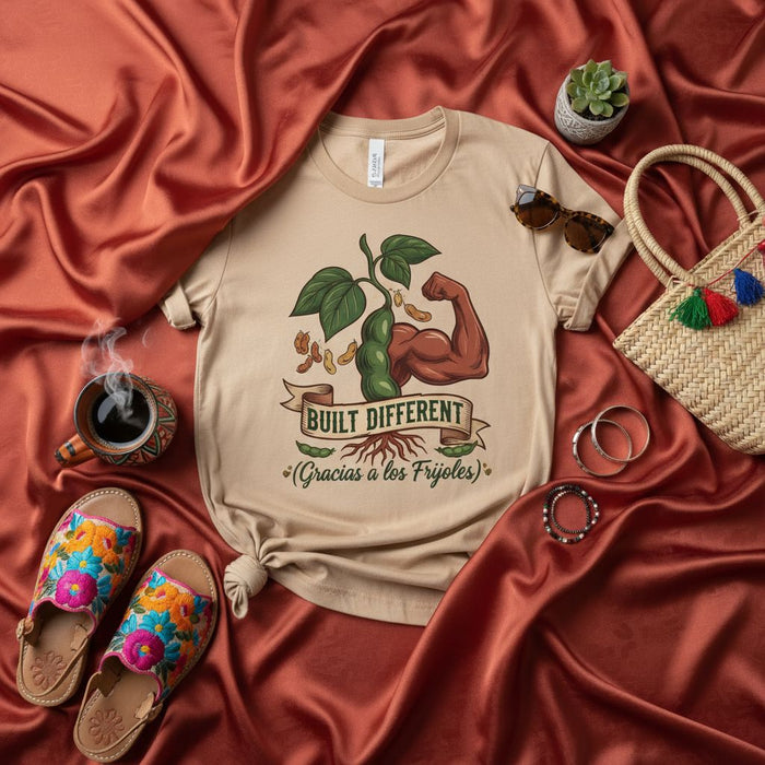 Built Different (Gracias a los Frijoles) Unisex T-Shirt - Funny Vegan Muscle Tee, Plant-Based Strength Shirt with Soybean Arm, Workout Motivation Gift for Bean Lovers