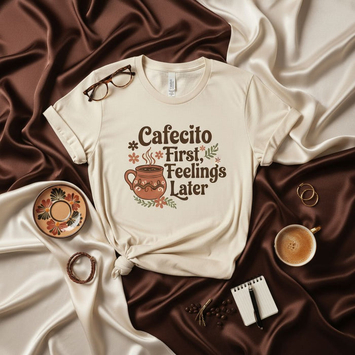 Cafecito First Feelings Later T-Shirt, Cute Retro Coffee Lover Tee, Spanish Spanglish Caffeine Mug Graphic Shirt, Unisex Gift for Coffee Drinkers