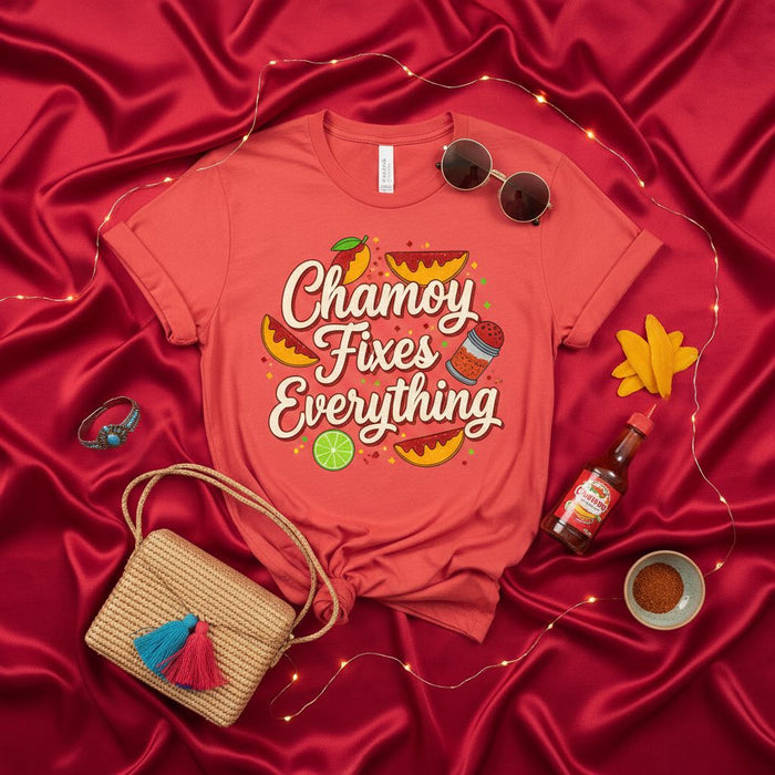 Chamoy Fixes Everything T-Shirt - Spicy Mexican Candy Sauce Tee with Mango, Chili Powder, and Lime Graphics for Foodies and Latin Culture Lovers