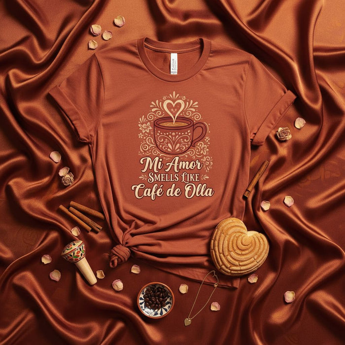 Maglietta Mi Amor Profuma di Café de Olla, Maglia Amore Caffè Dolce, Maglietta Bevanda Cibo Messicano Pane Concha, Disegno Tazza Latte Fumante, Regalo Unisex per Amanti del Caffè