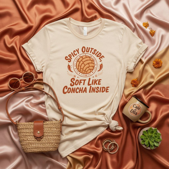 Spicy Outside, Soft Like Concha Inside T-Shirt, Mexican Pan Dulce Shirt, Latina Aesthetic Graphic Tee, Funny Hispanic Food Pun Gift for Women and Men