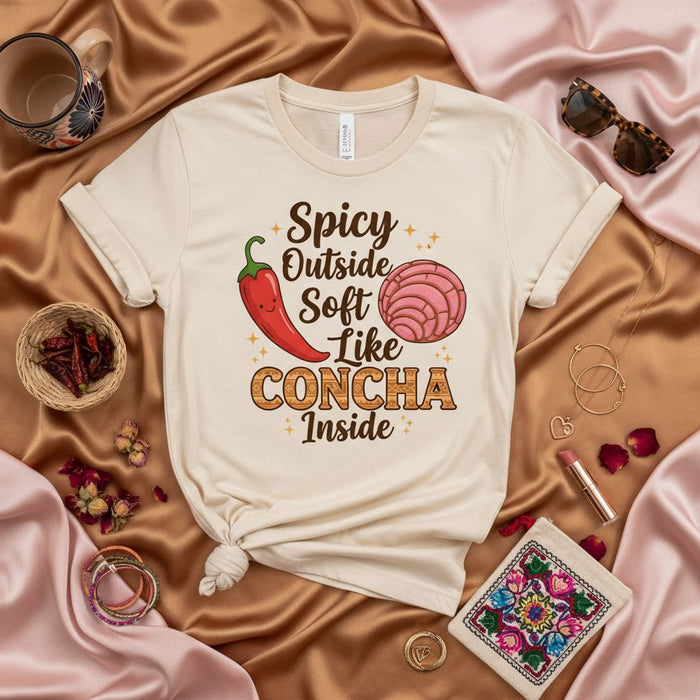 Spicy Outside Soft Like Concha Inside T-Shirt, Funny Mexican Concha Shirt, Cute Latinx Foodie Shirt, Chile Pepper Bakery Bun Graphic Tee, Soft & Cozy Unisex Shirt Gift for Spanish Speakers