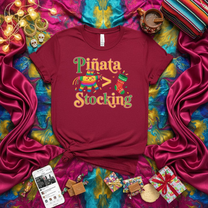 Piñata > Stocking T-Shirt, Funny Holiday Tee, Christmas Fiesta Shirt, Mexican Posada Party, Gift for Him Her, Fun Family Gathering Top, Greater Than Math Symbol Graphic, Cute Donkey Pinata Design