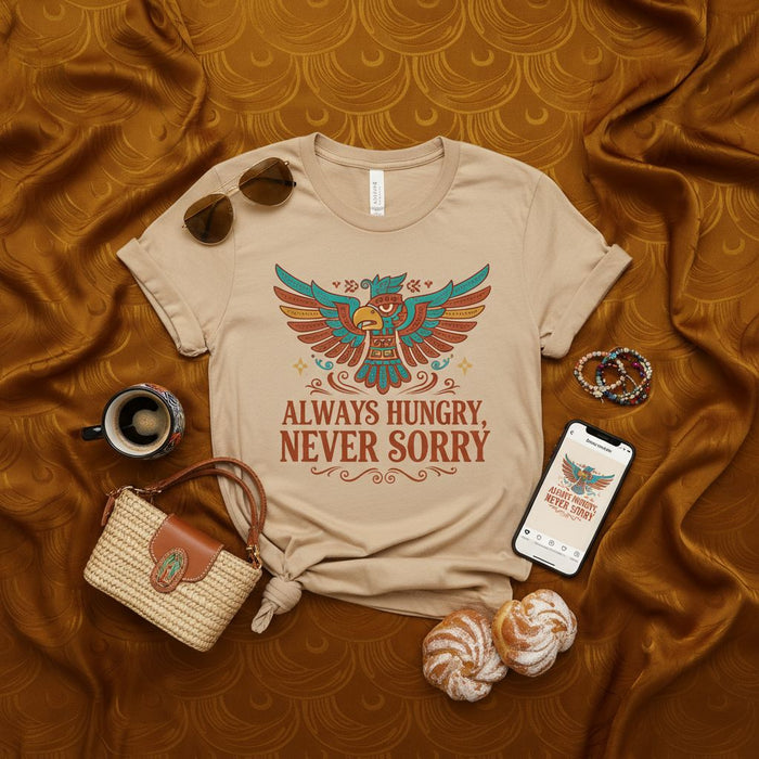 Maglietta Semper Affamato, Mai Dispiaciuto con Disegno di Aquila Nativi Americani, Maglietta Grafica Stile Azteco Maya, Maglia Divertente per Appassionati di Cibo, Idea Regalo Unisex