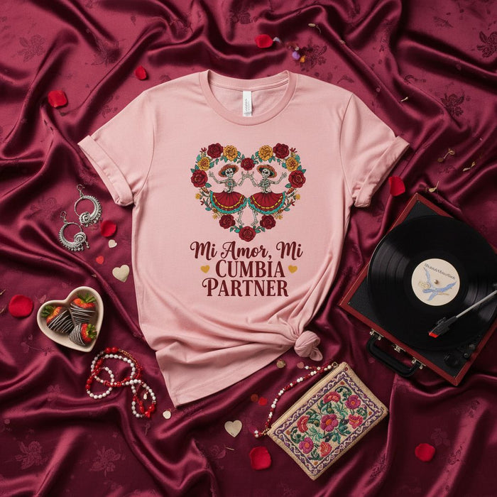 Mi Amor Mi Cumbia Partner Shirt, Day of the Dead Couple Dancing T-Shirt, Sugar Skulls Dancers, Calavera Love, Valentine's Gift, Romantic Hispanic Tee, Cumbia Dance Partner Gift, Folkloric Rose Heart Graphic