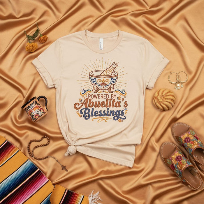 Powered by Abuelita's Blessings T-Shirt | Mexican Molcajete Spanish Quote Tee | Grandma Blessing Funny Latine Heritage Family Gift | Unisex Hispanic Culture Shirt