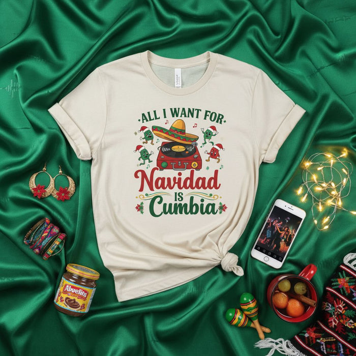 T-Shirt Tutto Quello Che Voglio per Natale è Cumbia, Maglietta Divertente Musica Latina con Sombrero Giradischi e Elfi Ballerini, Regalo di Natale per Amanti della Cumbia