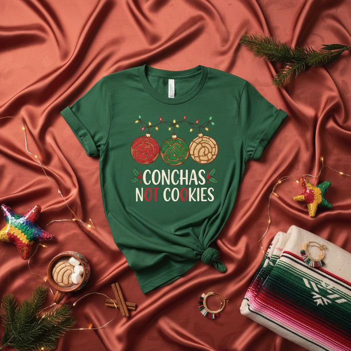 Conchas Not Cookies Christmas T-Shirt, Mexican Pan Dulce Holiday Ornament Tee, Funny Xmas Panaderia Gift for Concha Lovers, Unisex Shirt for Winter Fiesta