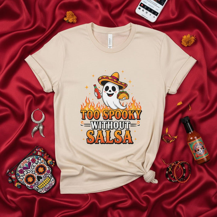Too Spooky Without Salsa Ghost Taco Halloween T-Shirt Funny Cinco de Mayo Graphic Tee Spooky Season Fiesta Shirt Unisex Gift for Hot Sauce Lovers