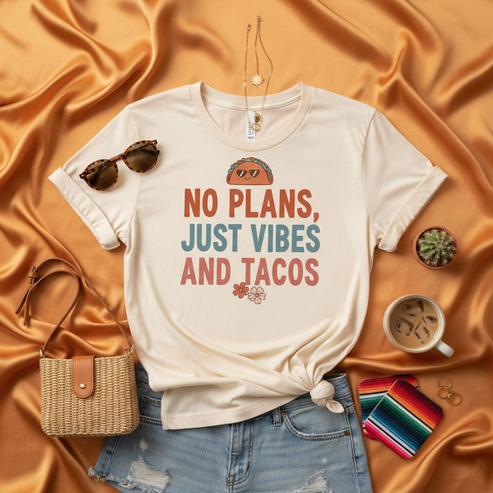No Plans Just Vibes and Tacos T-Shirt, Funny Taco Shirt, Retro Food Graphic Tee, Unisex Summer Casual Shirt, Vacation Beach Outfit, Gift for Taco Lovers, Cute Distressed Design, Graphic Print Top