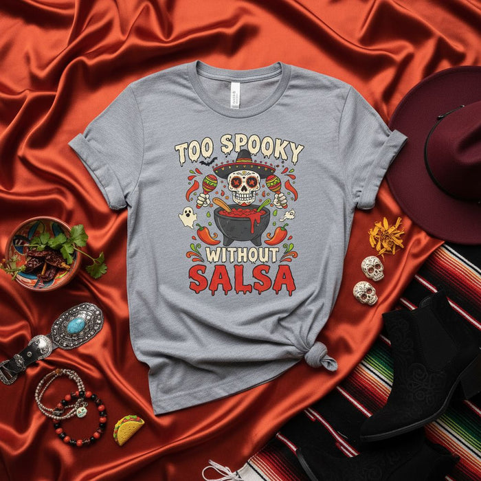 Too Spooky Without Salsa Shirt Day of the Dead Sugar Skull Sombrero T-Shirt Halloween Fiesta Maracas Chili Pepper Unisex Graphic Tee