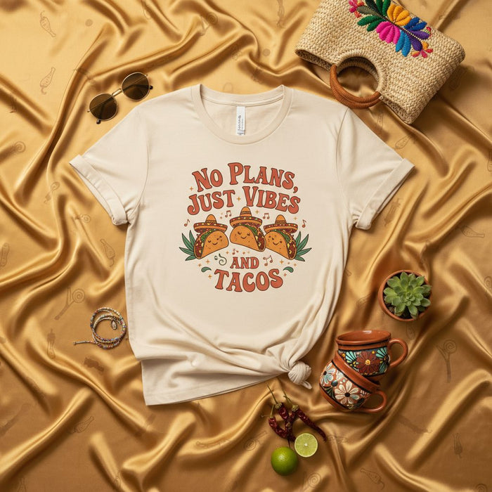 No Plans Just Vibes And Tacos T-Shirt, Cute Retro Fiesta Mexican Food Tee, Funny Sombrero Taco Shirt, Unisex Graphic T-Shirt for Taco Lovers, Casual Summer Vacation Shirt