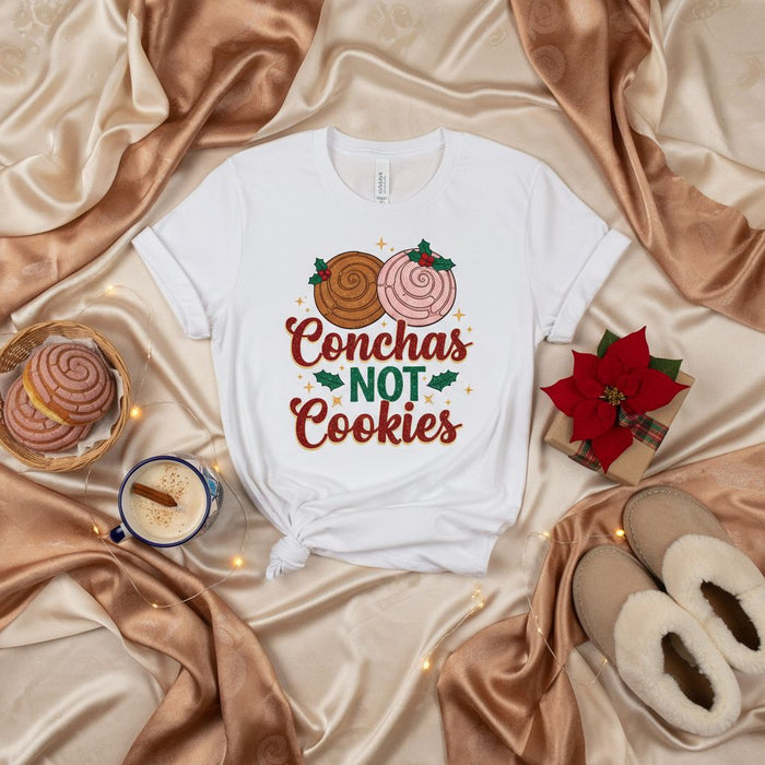 Conchas Not Cookies Shirt, Mexican Pan Dulce Christmas T-Shirt, Holiday Spanish Sweet Bread Tee, Cute Concha Lover Gift, Festive Family Pajama Top