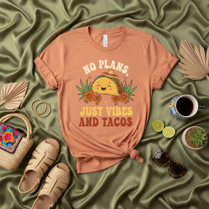 Nessun programma solo vibrazioni e maglietta taco, maglietta grafica carina taco sorridente con sombrero, regalo divertente per gli amanti del cibo, t-shirt unisex dalla vestibilità rilassata