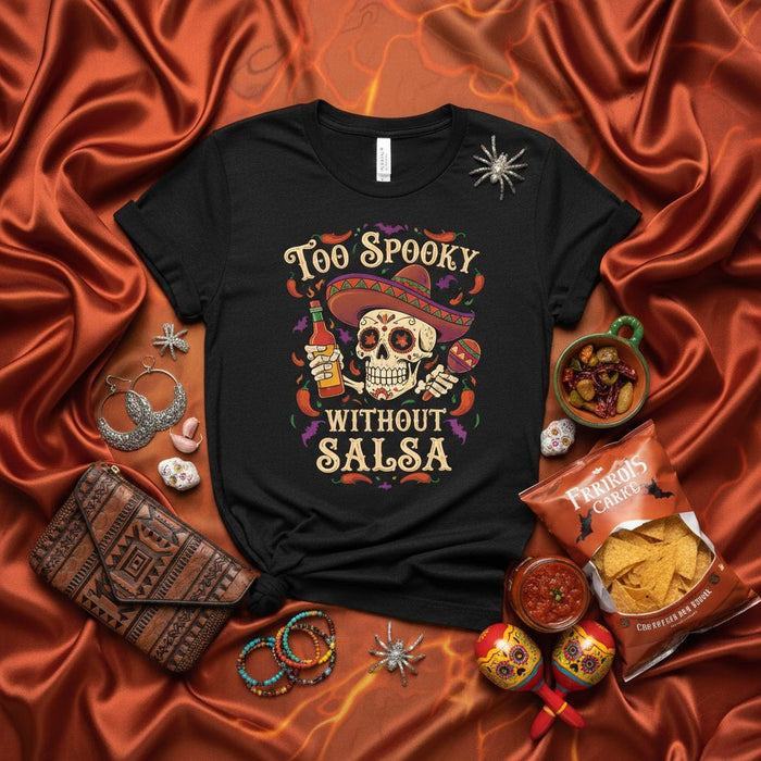 Too Spooky Without Salsa Shirt, Day of the Dead Sugar Skull Sombrero Maracas T-Shirt, Halloween Costume Mexican Food Cinco de Mayo Unisex Tee, Funny Chili Pepper Spooky Season Graphic Gift