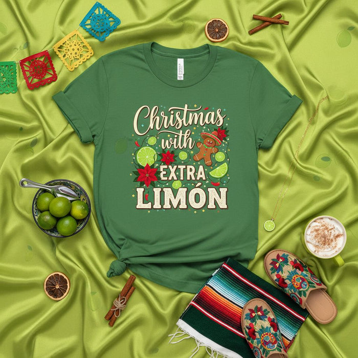 Christmas with Extra Limón T-Shirt, Funny Holiday Shirt with Gingerbread Man and Lime Slices, Mexican Fiesta Apparel, Poinsettia Graphic Tee, Limon Christmas Gift Idea