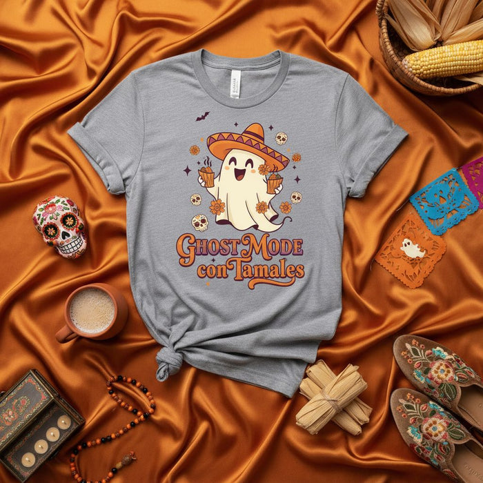 Camicia Fantasma Modalità con Tamales, Maglietta Divertente Fantasma Mariachi Cappello Scheletri Halloween Dia de Muertos, Regalo Amante Tamales Spettrale, T-shirt Grafica Unisex