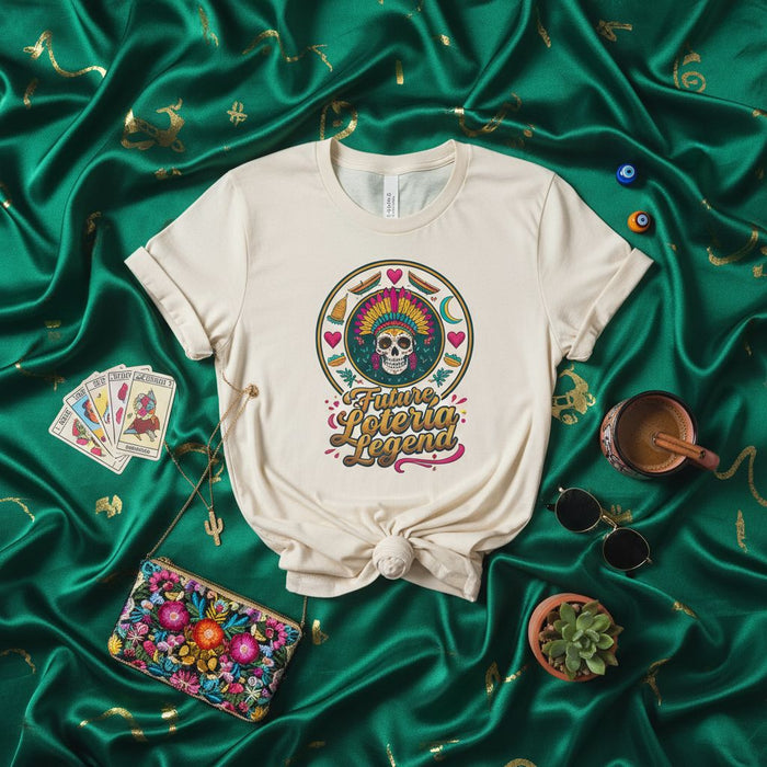 Future Loteria Legend T-Shirt, Sugar Skull with Aztec Headdress, Mexican Bingo Card Game Design, Unisex Graphic Tee, Latina Culture Gift Idea