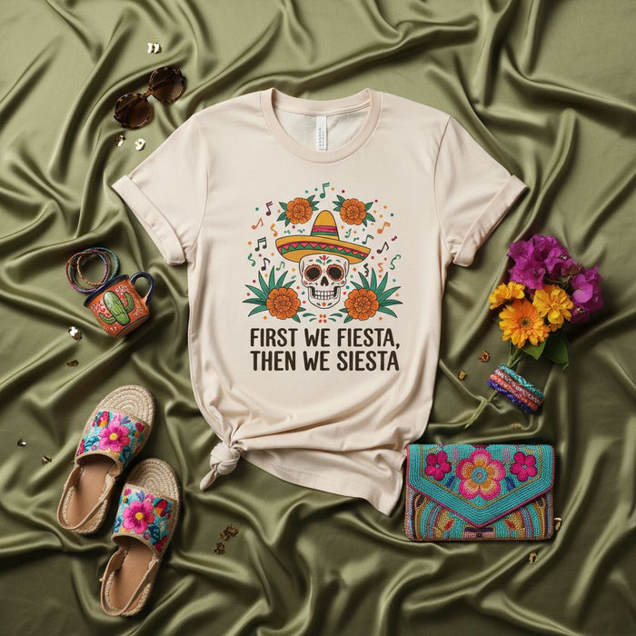 First We Fiesta, Then We Siesta Sugar Skull T-Shirt, Funny Dia de Muertos Graphic Tee, Mexican Fiesta Party Shirt, Cinco de Mayo Apparel, Unisex Summer Vacation Outfit