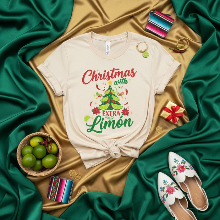 Christmas with Extra Limón T-Shirt, Funny Mexican Holiday Shirt, Christmas Tree Made of Limes, Unisex Latinx Xmas Apparel, Spicy Festive Gift for Tequila Lover, Fiesta Celebration Tee, Unique Limon Quote Top