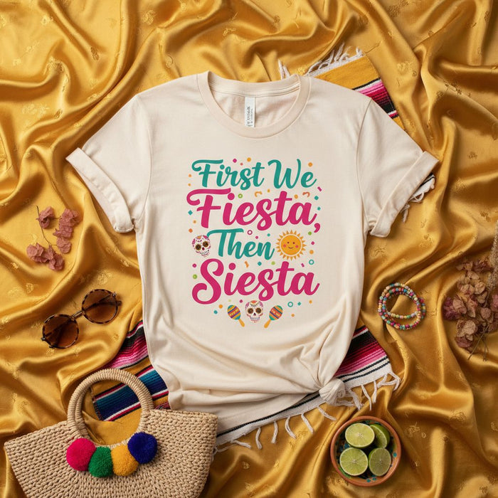 First We Fiesta Then Siesta T-Shirt, Funny Cinco de Mayo Party Tee, Mexican Sugar Skull Sun Maracas Graphic Shirt, Festive Unisex Latin Holiday Apparel Gift