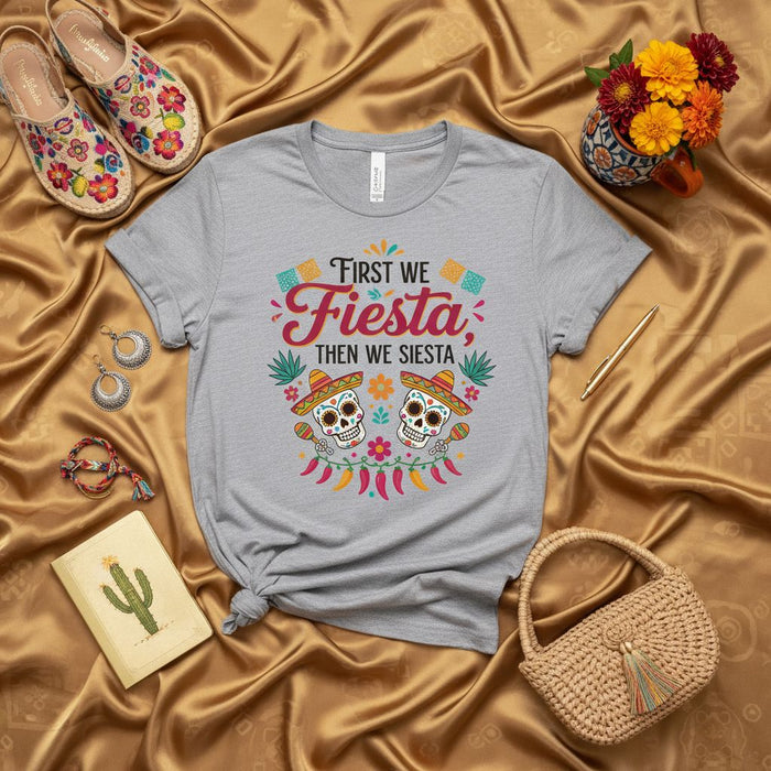 First We Fiesta Then We Siesta T-Shirt, Funny Dia de Muertos Sugar Skulls Tee, Mexican Fiesta Shirt, Cinco de Mayo Outfit, Holiday Party Top, Unisex Graphic T-Shirt Gift Idea