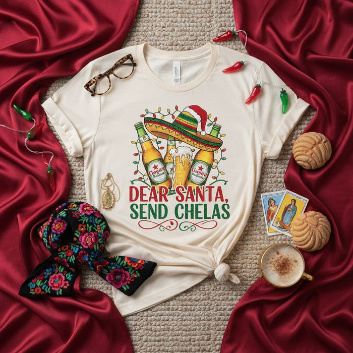 Dear Santa Send Chelas Christmas T-Shirt, Funny Holiday Sombrero Beer Tee, Mexican Fiesta Xmas Party Shirt, Unisex Adult Gift Idea with Lights and Chili Peppers