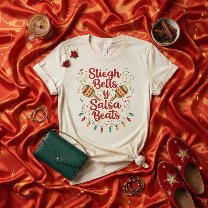 Sleigh Bells y Salsa Beats Christmas T-Shirt, Festive Holiday Shirt with Maracas, Xmas Party Tee, Latino Gift, Cute Winter Apparel