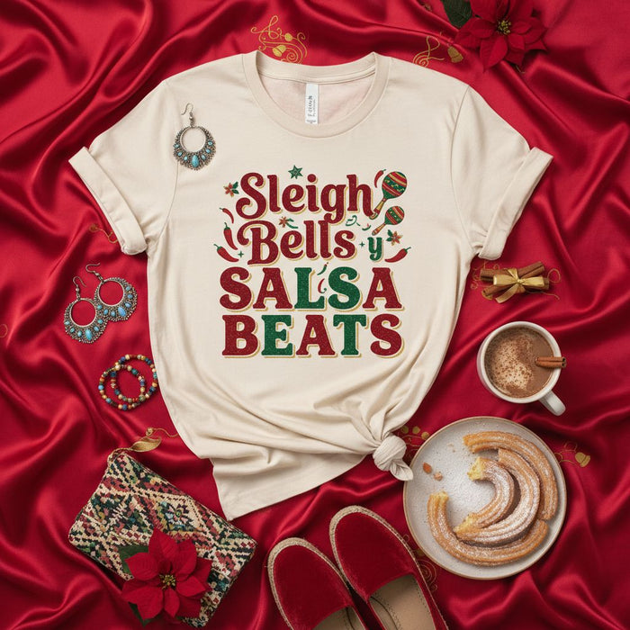 Sleigh Bells and Salsa Beats Christmas T-Shirt, Unisex Holiday Party Tee, Funny Latino Xmas Gift, Festive Graphic Print Shirt with Maracas and Chiles