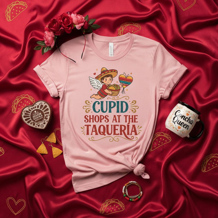 Maglietta Cupido Fa Shopping alla Taquería, Maglietta Messicana Simpatica per San Valentino, Regalo Divertente Amante dei Taco, T-Shirt Angelo Sombrero Pinata Cuore Kawaii, Abbigliamento Amore Fiesta