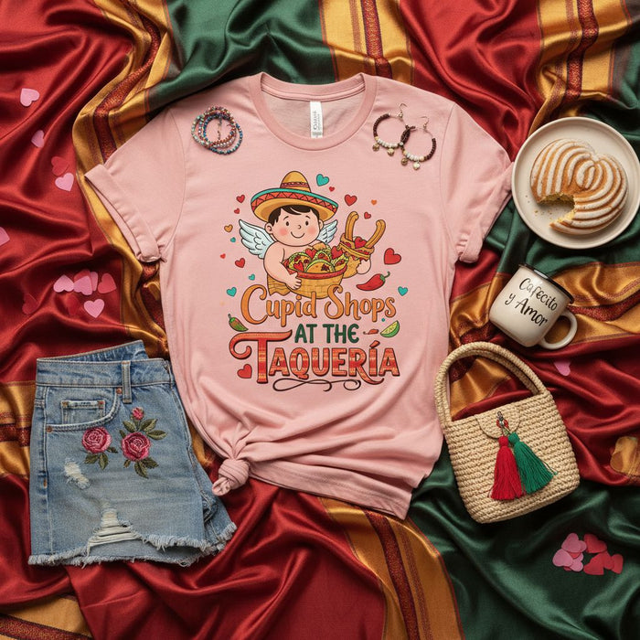 Cupid Shops At The Taqueria Shirt, Funny Valentine's Day T-Shirt, Cherub Angel with Sombrero and Tacos, Mexican Food Love Theme Tee, Cute Unisex Graphic Tee, Taquero Inspired Gift Idea