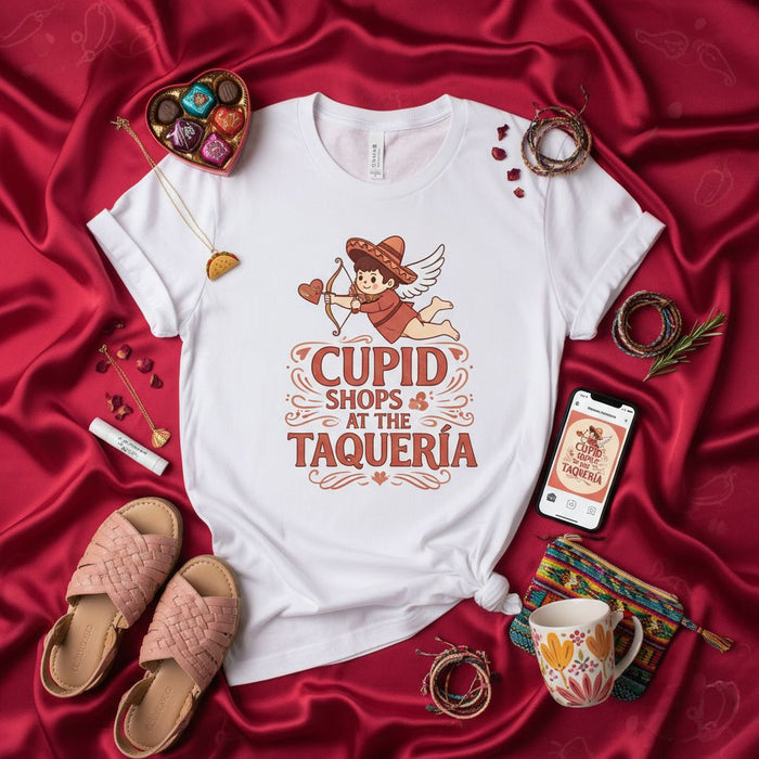 Cupid Shops At The Taquería Shirt, Cute Mexican Food Lovers Valentine's Day T-Shirt, Sombrero Cupid with Taco Heart Arrow Graphic Tee, Funny Taqueria Love Gift Top for Men & Women