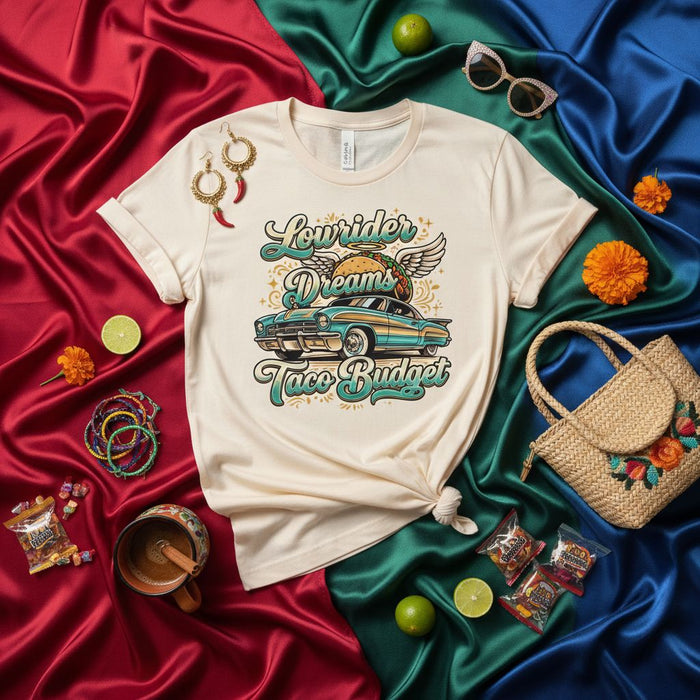 Lowrider Dreams Taco Budget T-Shirt, Retro Lowrider Car with Taco Graphic Tee, Unisex Chicano Culture Apparel, Vintage Style Mexican Food Shirt, Classic Car Enthusiast Gift Idea