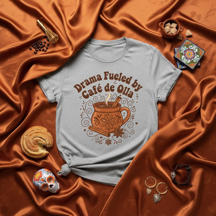 Drama Fueled by Café de Olla T-Shirt, Funny Coffee Mug Shirt, Mexican Coffee Lover Gift, Concha Pan Dulce Sugar Skull Latinx Apparel Tee