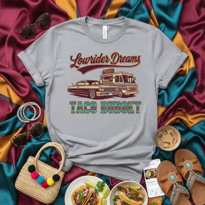 Lowrider Dreams Taco Budget Shirt, Lowrider Car and Taco Truck Tee, Unisex Low Life Culture Graphic T-Shirt, Vintage Style Chicano Lowrider Dreamer Clothing Gift
