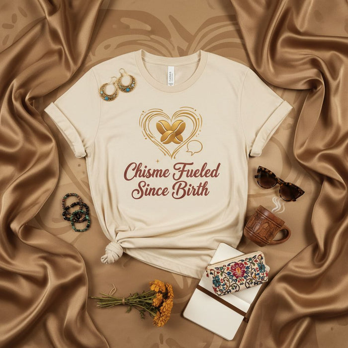 Chisme Fueled Since Birth T-Shirt, Funny Hispanic Latine Coffee Pan Dulce Heart Design Unisex Tee, Mexican American Gift, Spanglish Saying Shirt, Latina Gossip Lover Graphic Top