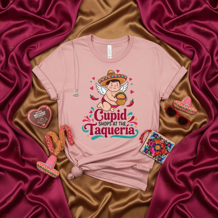 Cupid Shops At The Taqueria Shirt, Cute Mexican Valentine's Day T-Shirt, Funny Angel with Sombrero and Tacos Graphic Tee, Unisex Cupid's Favorite Food Apparel