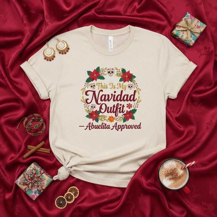 This Is My Navidad Outfit Abuelita Approved T-Shirt, Christmas Poinsettia Wreath Sugar Skull Unisex Tee, Funny Holiday Family Gift Shirt