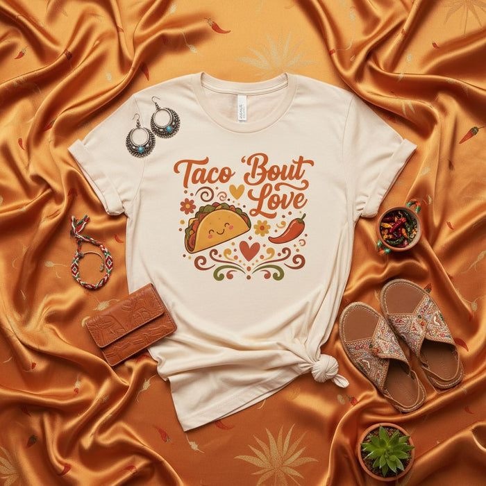 Taco 'Bout Love Groovy T-Shirt for Taco Lovers, Cute Smiling Taco Graphic Tee, Unisex Funny Food Pun Shirt, Cinco de Mayo Party Outfit, Chili Pepper Floral Design Top