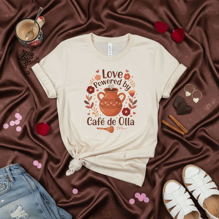 Love Powered by Café de Olla T-Shirt, Coffee Lover Gift, Mexican Clay Pot Design, Unisex Graphic Tee, Latina Hispanic Culture Apparel
