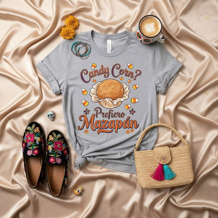 Candy Corn? Prefiero Mazapán T-Shirt Funny Spanish English Halloween Tee Dia de Muertos Mexican Candy Marzipan Graphic Shirt Unisex Fall Apparel