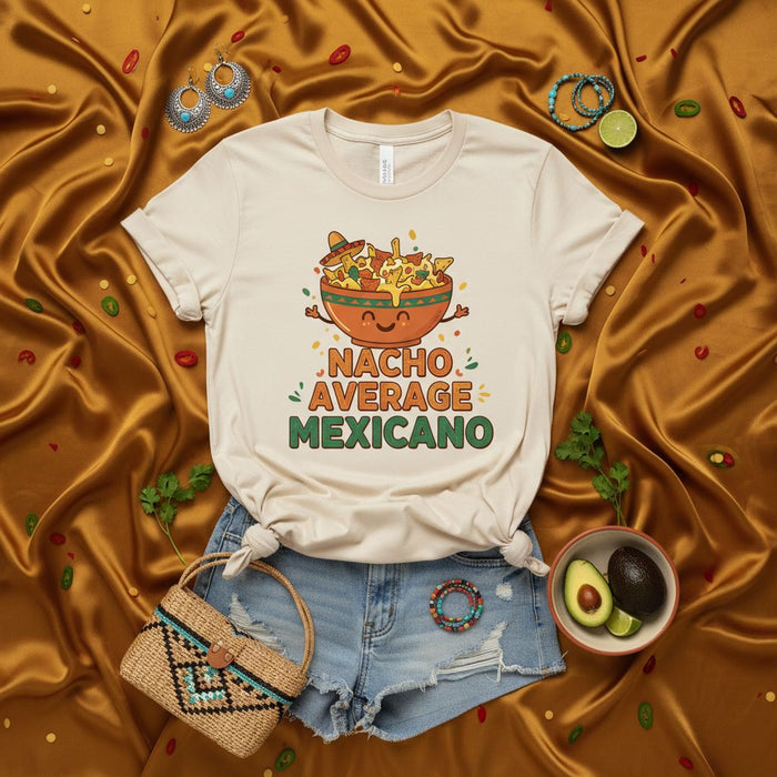 Nach O. Average Mexicano Funny Nachos T-Shirt Cute Cartoon Food Fiesta Tee Gift for Taco and Burrito Lovers Casual Summer Graphic Shirt for Men and Women