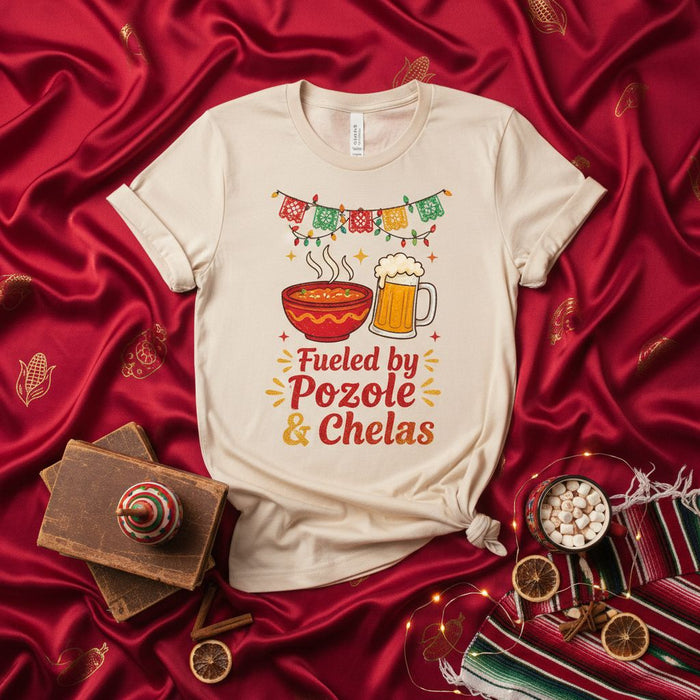 Fueled by Pozole & Chelas T-Shirt, Mexican Foodie Tee, Funny Hispanic Heritage Shirt, Pozole Soup and Beer Gift, Fiesta Party Apparel