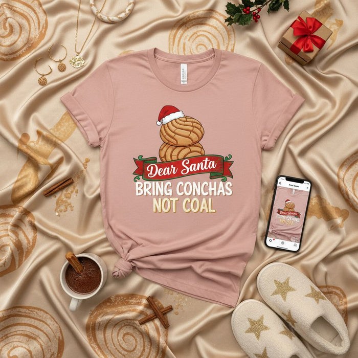 Dear Santa Bring Conchas Not Coal Christmas T-Shirt, Funny Mexican Concha Bread Holiday Shirt, Pan Dulce Conchas Lover Gift, Unisex Xmas Tee