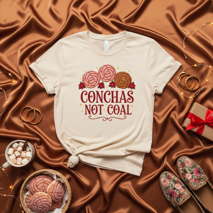 Conchas Not Coal T-Shirt, Funny Mexican Pan Dulce Christmas Shirt, Holiday Bakery Gift Tee, Cute Pastry Lover Outfit, Latina Concha Sweater Top