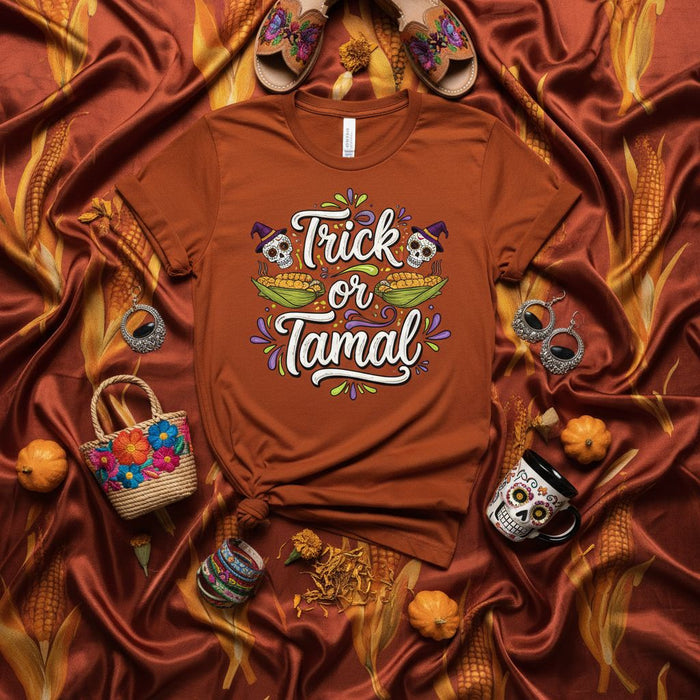 Trick or Tamal T-Shirt Halloween Sugar Skull Shirt Corn Design Unisex Graphic Tee Latina Gift Idea Fall Outfit